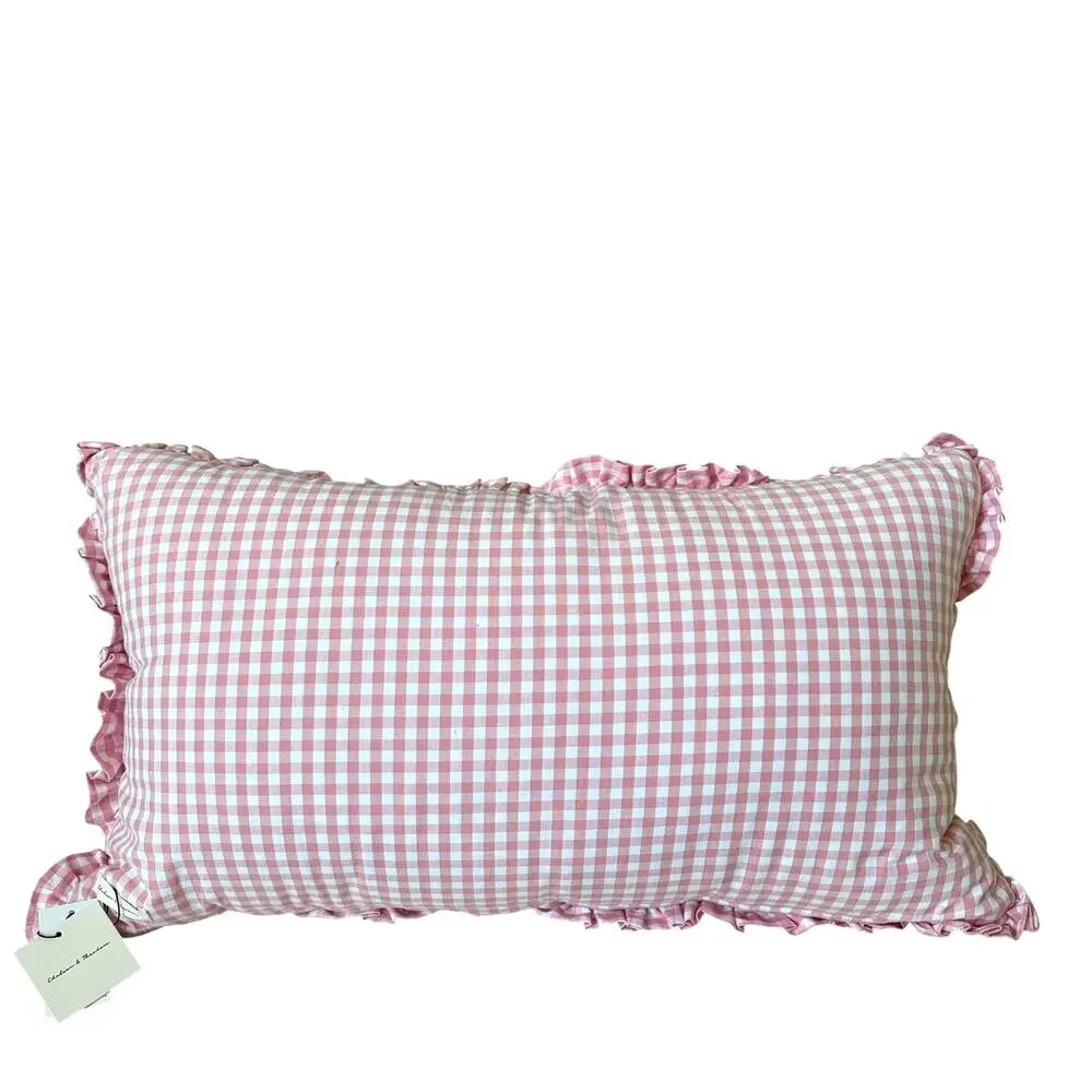 Chelsea & Theodore Pink Gingham Embroidered Hearts Pillow LOVE YOU SO 14x24 New